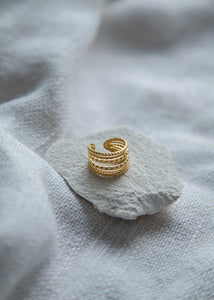  Zola Ring – a gold plated beauty with a fusion of bohemian and contemporary style. With its layered chunky design it's set to make a statement. And the adjustable size ensures a comfortable fit for any finger. Definitely a fun piece to add to your ring collection